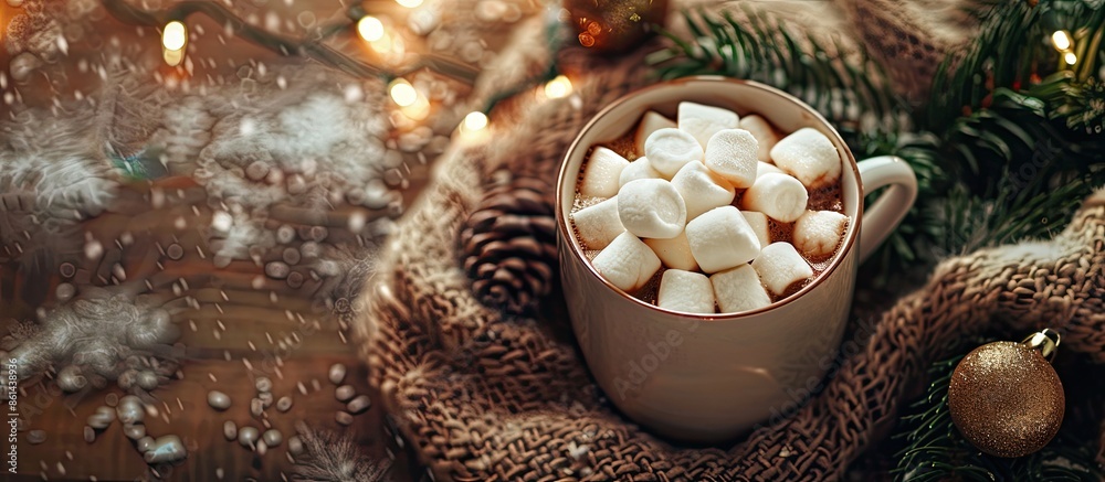 Poster festive christmas background featuring a cup of hot cocoa or chocolate with marshmallows, alongside 