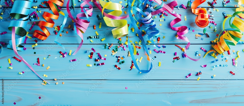 Poster colorful serpentine streamers and party accessories arranged on a light blue wooden surface for a fe