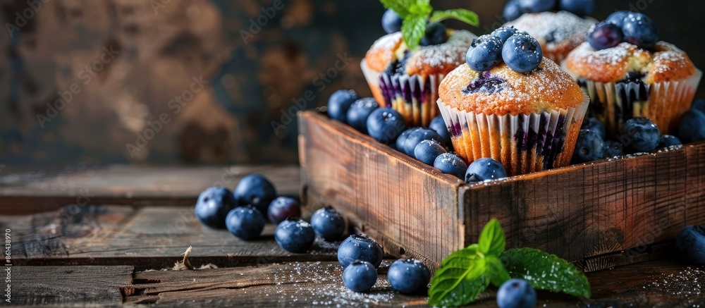 Poster blueberry muffins and fresh berries arranged on a rustic wooden box, all sprinkled with a dusting of