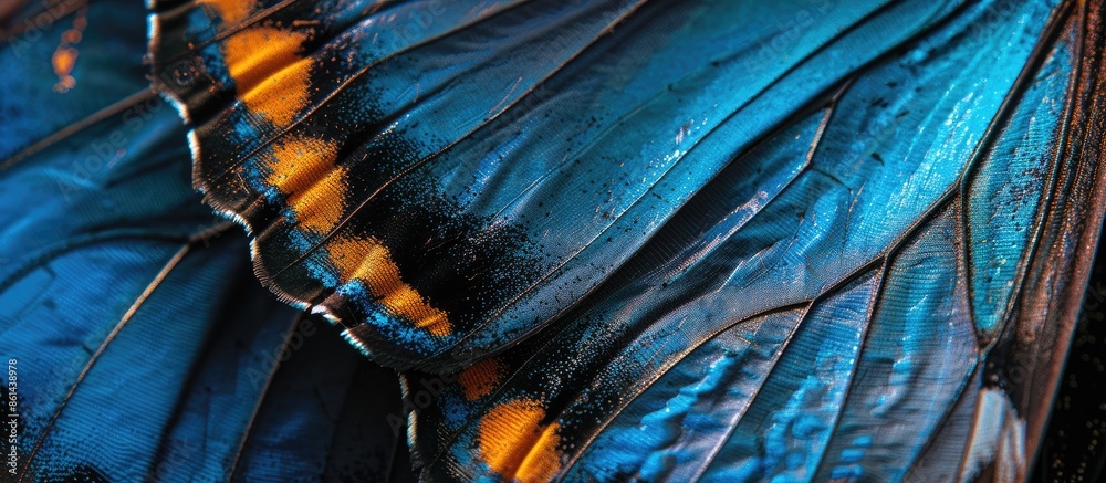 Poster Close-up image of Ulysses butterfly wings with a unique texture creating a background suitable for copy space with a selective focus.