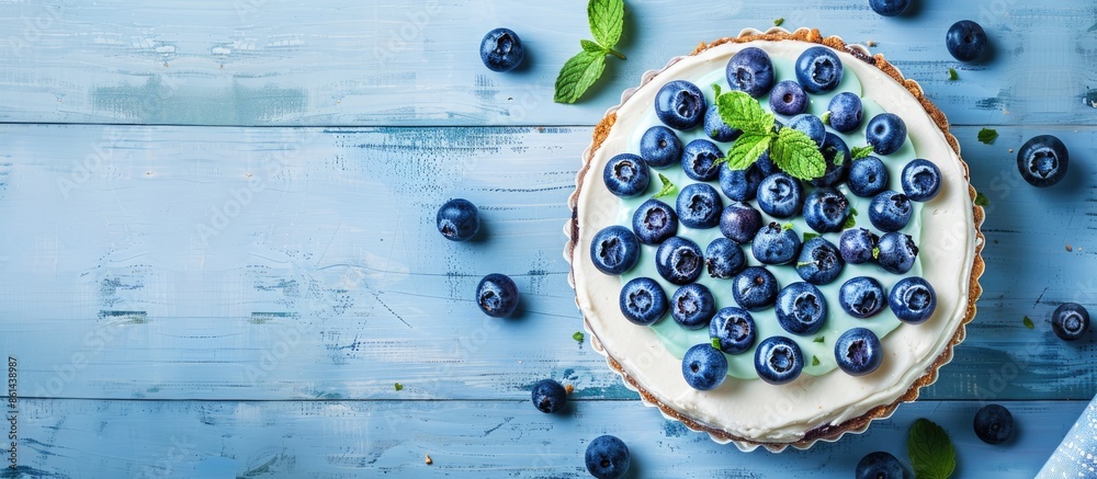Aufkleber Blueberry cake displayed on a light blue wooden surface in a flat lay style, providing an open area for text in the image. image with copy space