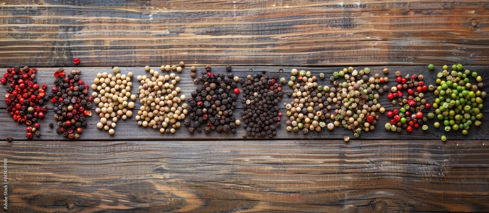 Aufkleber flat lay of various peppercorns on a wooden table with copy space image available.