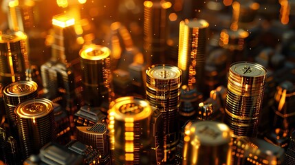 A futuristic cityscape made of glowing gold coins, with skyscrapers and streets illuminated in the style of golden light