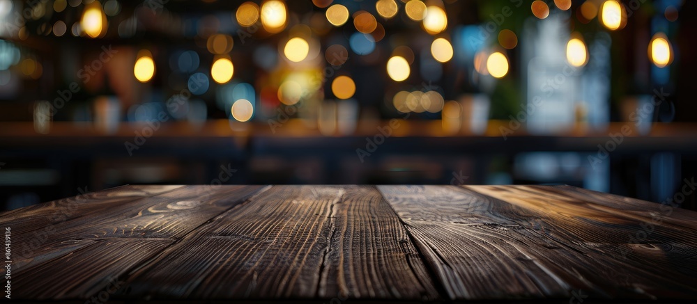 Poster Empty dark wooden table with an abstract blurred bokeh restaurant background ideal for displaying or arranging products with available copy space image.