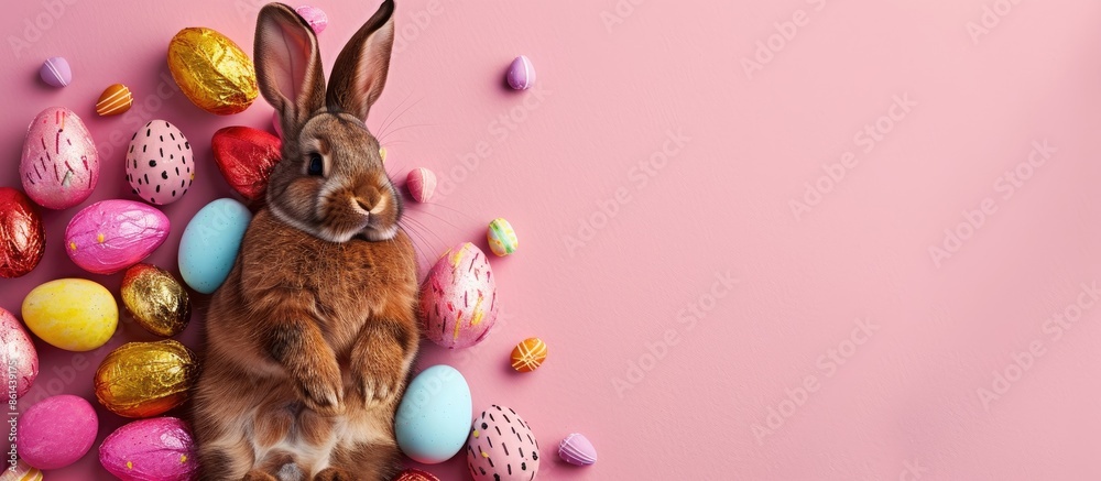 Aufkleber Colorful background with chocolate Easter eggs and a bunny, providing empty space for image. image with copy space