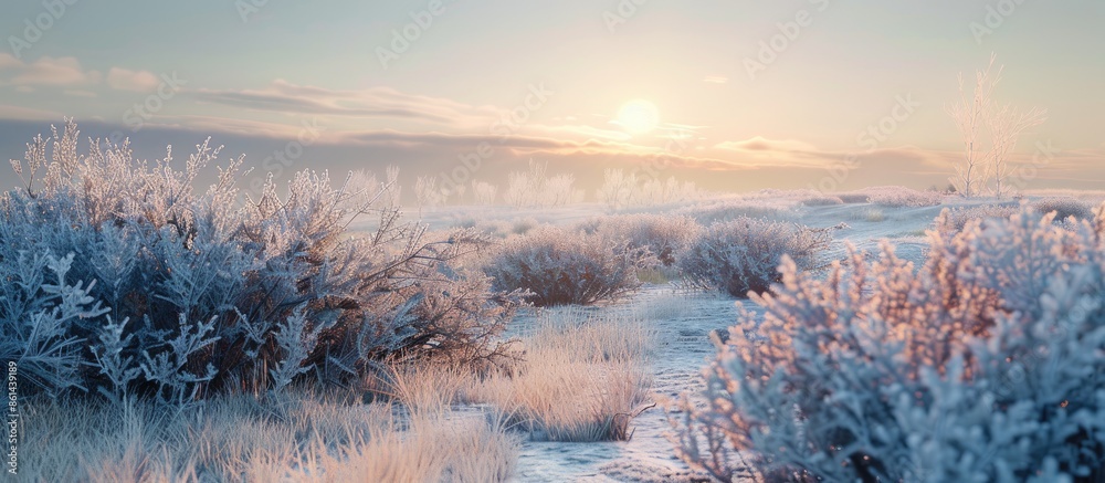 Poster an early morning scene featuring frost-covered dry bushes and grass in the countryside with plenty o