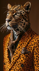 Fototapeta premium Fierce Leopard Head in Sleek Business Suit with Intense Gaze against Plain Background