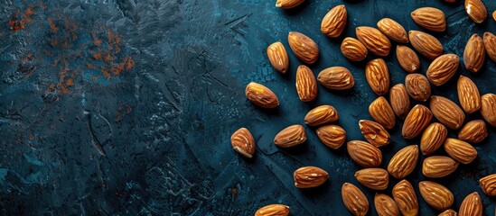 Caramelized almond nuts arranged beautifully on top of sweets in a top-view copy space image.