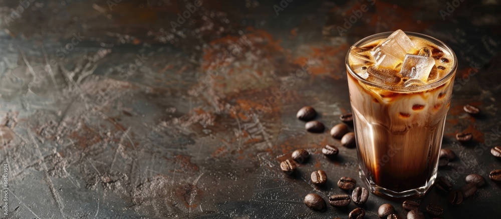 Poster Closeup of a delicious iced coffee in a glass on a table, with space for text or image. image with copy space
