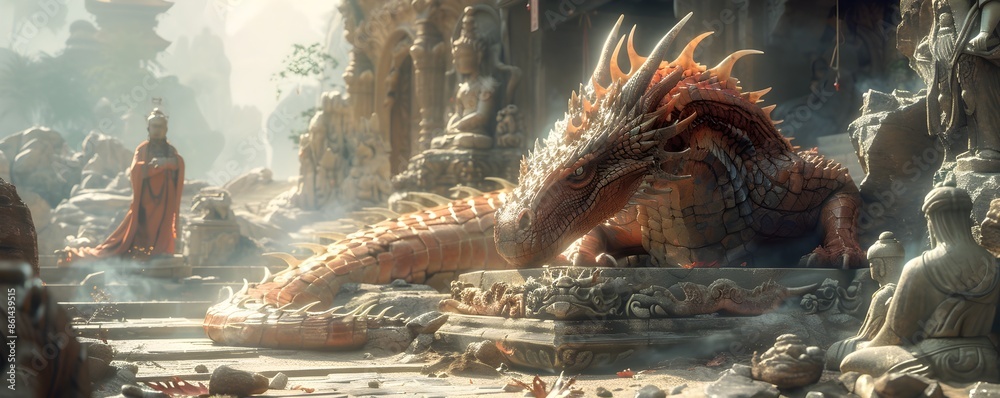 Wall mural majestic dragon resting in mystical ancient temple surrounded by statues and artifacts