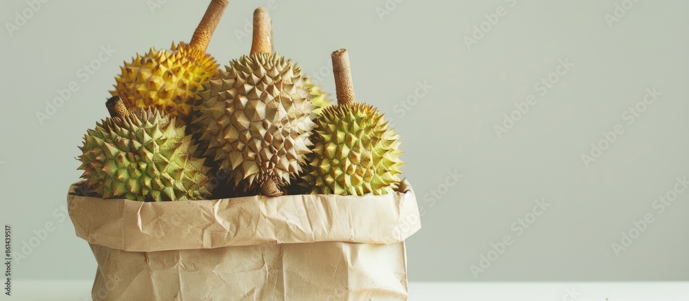 Poster Durian in a bag with a crispy texture, set against a white background with space for additional imagery.