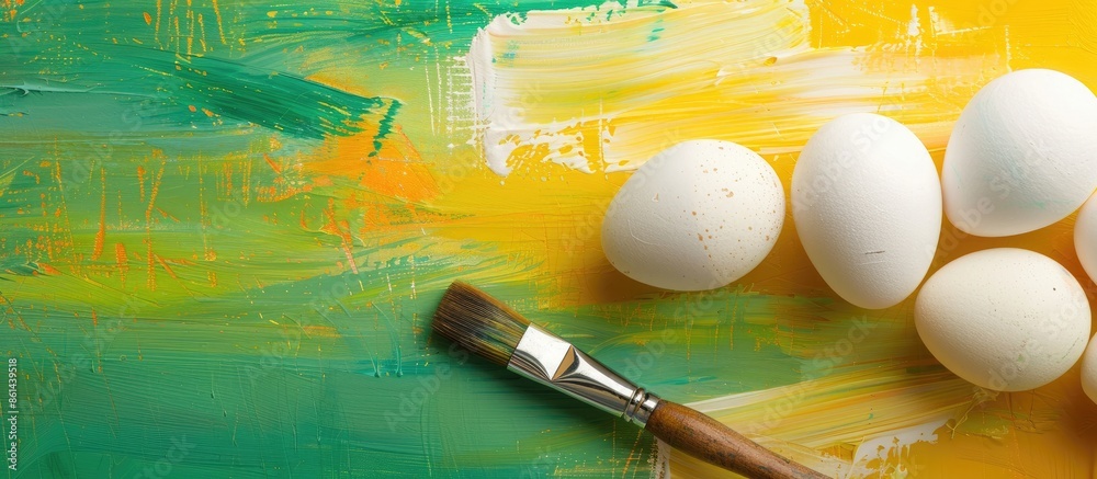 Aufkleber Close-up view of a paint brush with eggs on an abstract yellow and green background with copy space image.