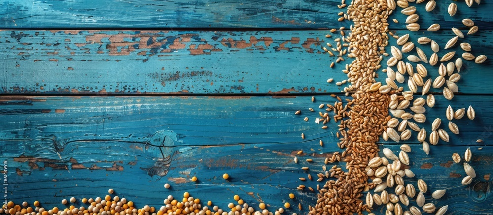 Poster assorted grains on blue wooden backdrop, top view with copy space image.
