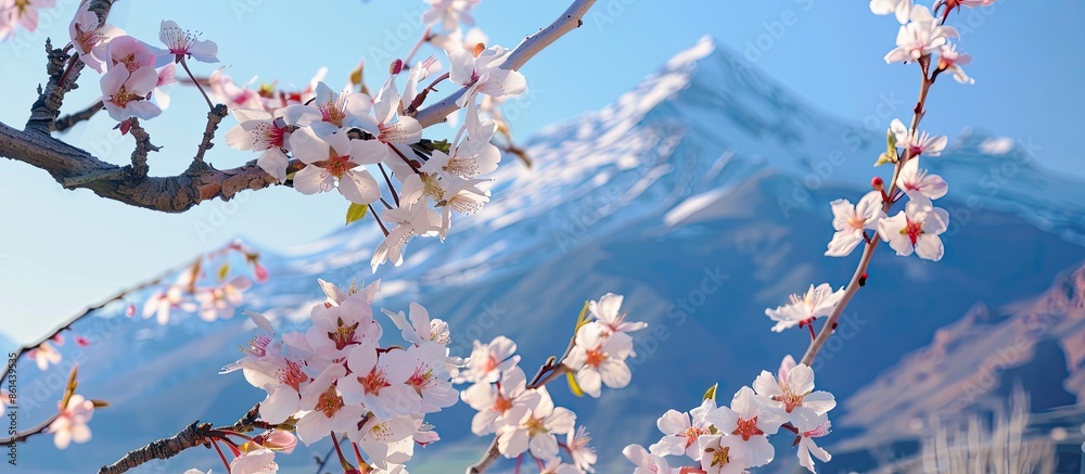 Poster almond tree in bloom with mountain in the background, perfect for copy space image.