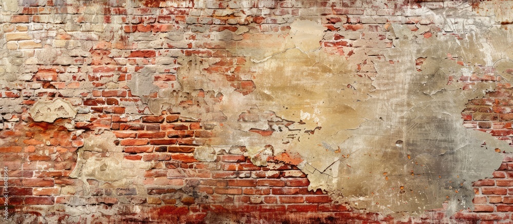 Poster an aged, empty brick wall with a distressed, grungy red stonewall background offers a shabby buildin