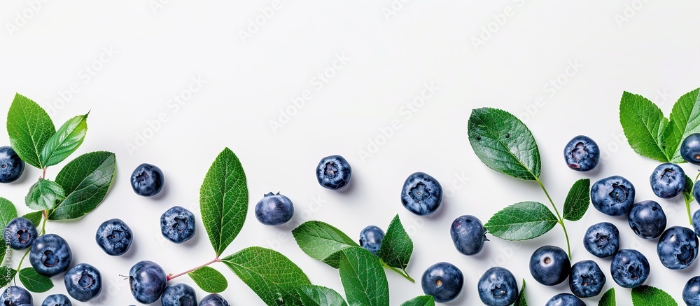 Poster an aerial view of blueberries and foliage with a white backdrop, offering plenty of copy space image