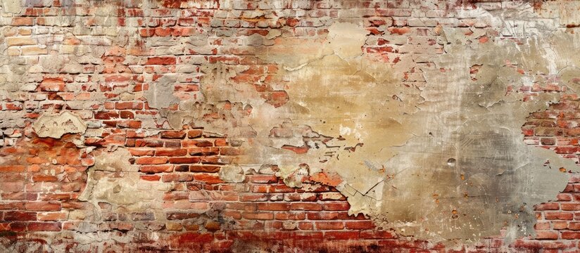 An aged, empty brick wall with a distressed, grungy red stonewall background offers a shabby building facade with damaged plaster, perfect for an abstract web banner with copy space image.