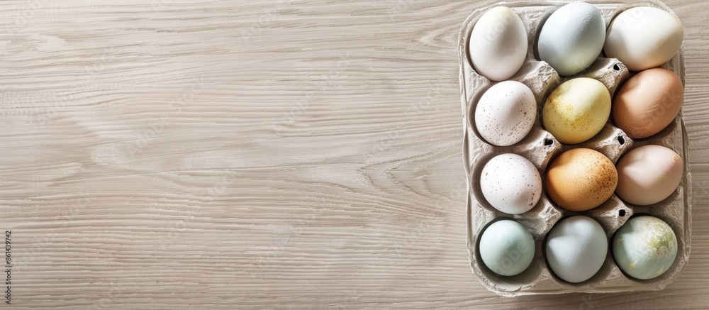 Poster easter eggs displayed in a carton on a light wooden surface with room for text. copy space image.