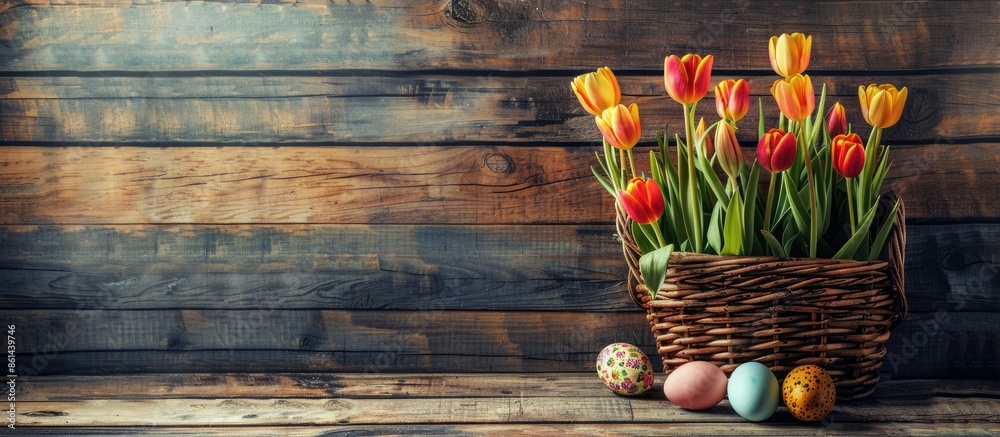 Aufkleber An Easter-themed setup with tulips and eggs in a basket displayed against a wooden backdrop, ideal for adding your message, with copy space image.