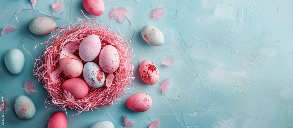 Poster colorful easter eggs arranged in a pink nest on a soft pastel blue background in a close-up copy spa