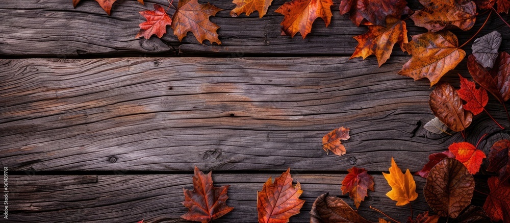 Poster copy space image of autumn foliage on a rustic wooden backdrop.