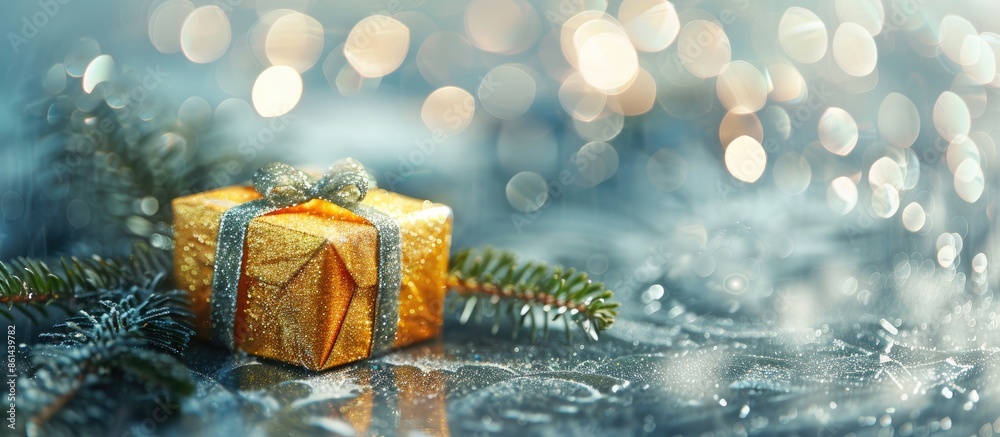 Poster Festive golden gift box with pine branch on shiny silver background. Simple holiday theme with a small gold present box and room for text in the image's empty space. image with copy space