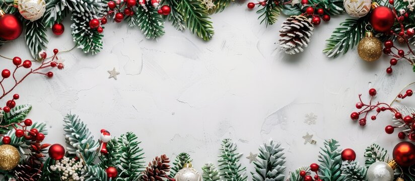 Festive Christmas tree decoration forming a border frame for a holiday-themed copy space image.