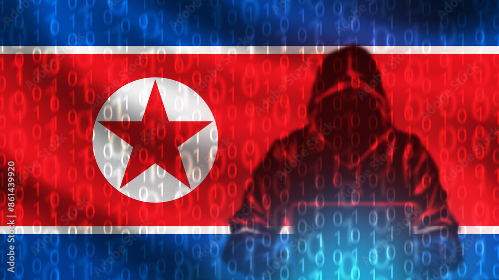 Poster hacker from north korea. human in hood with computer. hacker with north korea flag. cyber criminal f