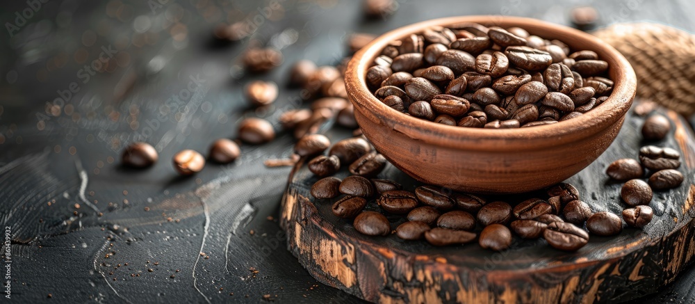Poster close-up of coffee beans in a clay bowl on a wooden board with a textured copy space image on a blac
