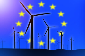 Windmills in EU. European union flag. Wind energy in European countries. Generators for producing...