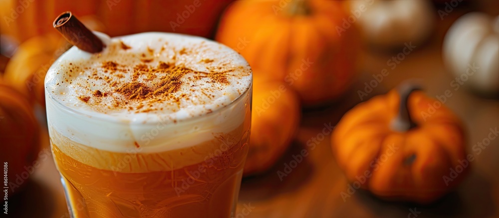 Poster close-up of a pumpkin spiced drink with foam and cinnamon garnish against a backdrop of pumpkins, pe