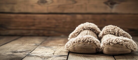 Cozy slippers displayed on a rustic wooden backdrop with copy space image.