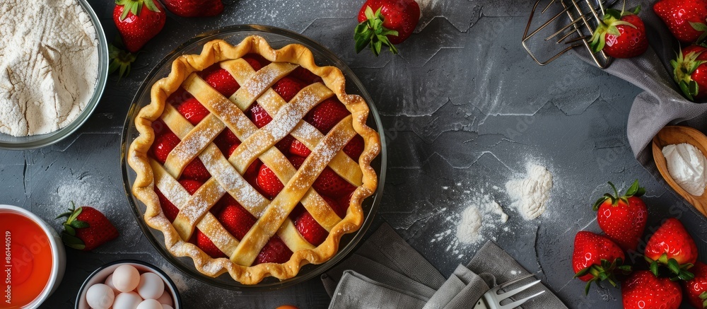 Poster an overhead view of the american-style strawberry pie being prepared on a concrete background, with 