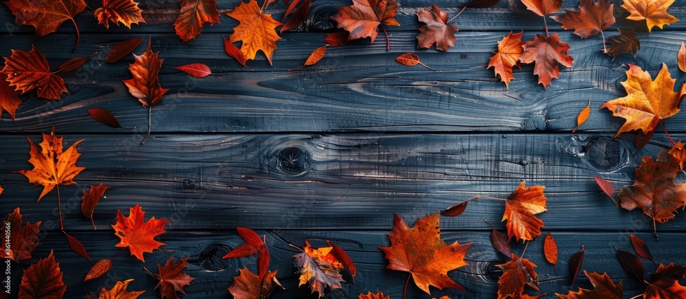 Poster autumn leaves surround a frame on a dark wooden table with room for copy space image.