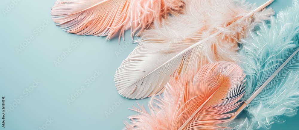 Poster Delicate colors enhance ostrich feathers in a close-up photo on a pastel background, neatly arranged for a flat lay with a top view and copy space image.
