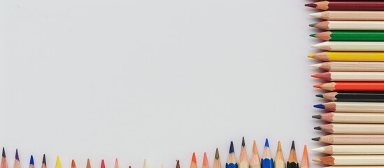Fototapeta premium Colorful pencils displayed in a top-down close-up view on a white background with a focus on the text. Ideal for a copy space image.
