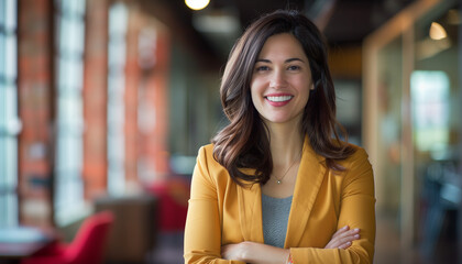 A smiling woman in a yellow blazer stands confidently with her arms crossed in a brightly lit modern office, exuding warmth, confidence, and professionalism