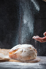 the baker sprinkles fresh bread with flour