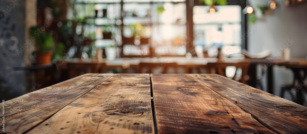 Leinwandbilder blurry background of a cafe or restaurant behind an empty brown wooden table with a sharp focus; per