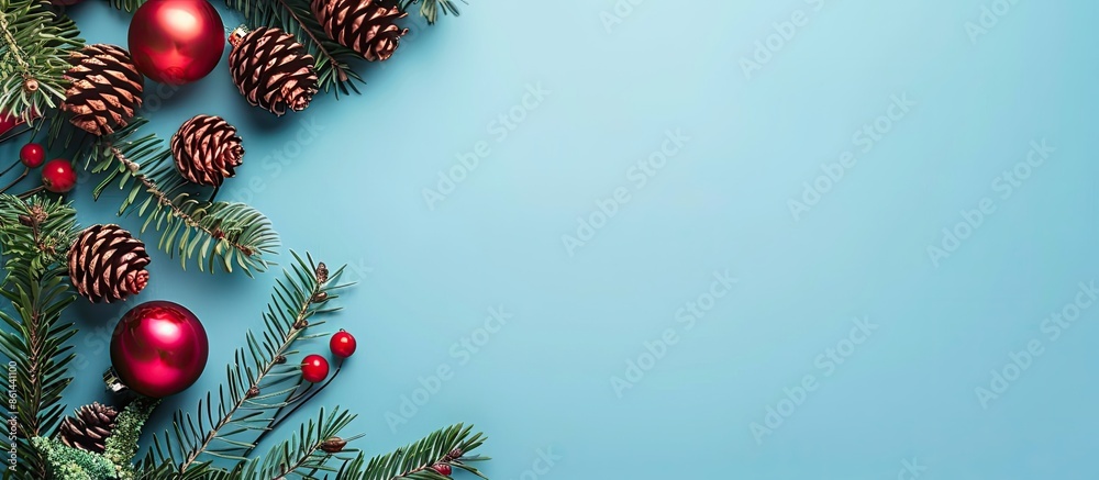 Poster christmas decoration on a blue background with a view from above, featuring copy space for text or d