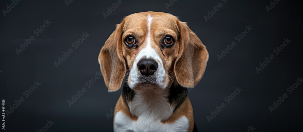 Poster Beagle dog with expressive gaze in a studio setup against a black backdrop, ideal for a headshot portrait with a chic presentation for a copy space image.