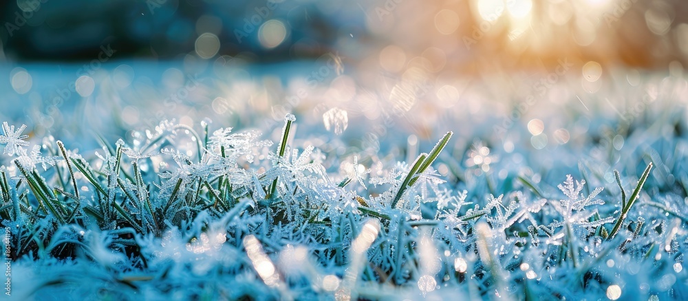 Poster close-up of icy crystals forming on lush green grass with a natural bokeh background, ideal for wide