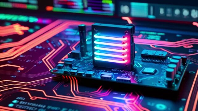 This is an illustration of a computer motherboard with a glowing CPU. The motherboard is dark colored with several brightly colored electronic components.