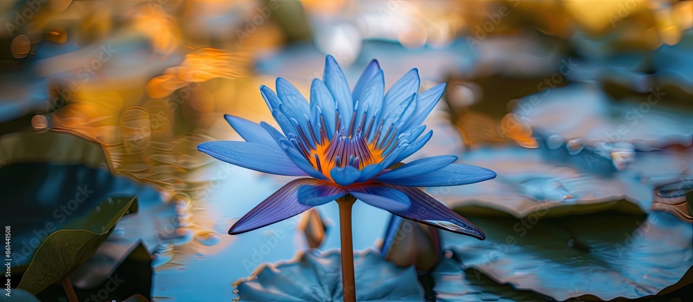 Poster An up-close view of a blue lotus with a nature setting, ideal for use as a background or wallpaper with copy space image.