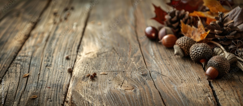 Poster autumn decor elements like acorn, twig, and chestnut arranged on a rustic wooden backdrop for a natu