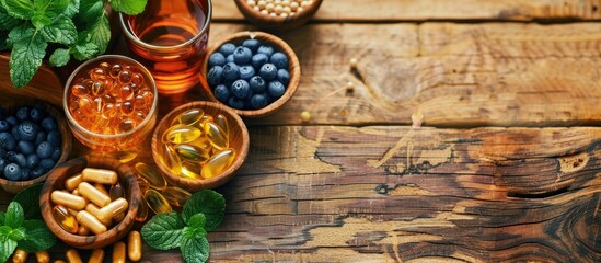 An image with copy space showing herbal medicine, vitamins, and antioxidants arranged on a wooden table, conveying a concept of health and wellness.