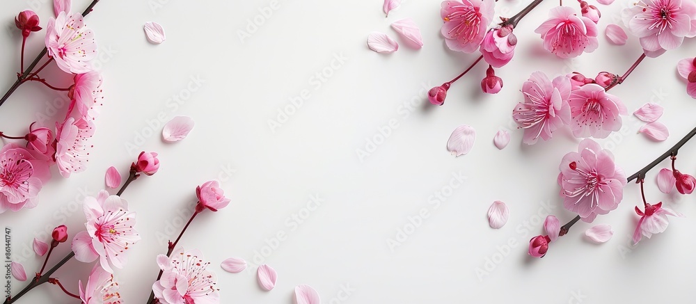 Poster delicate pink flowers on a white background in a top view copy space image.