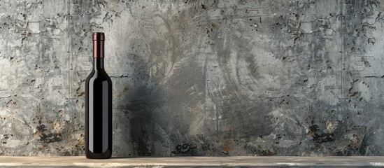 Concrete backdrop with a wine bottle on it, with a free area for adding text in the image. image with copy space