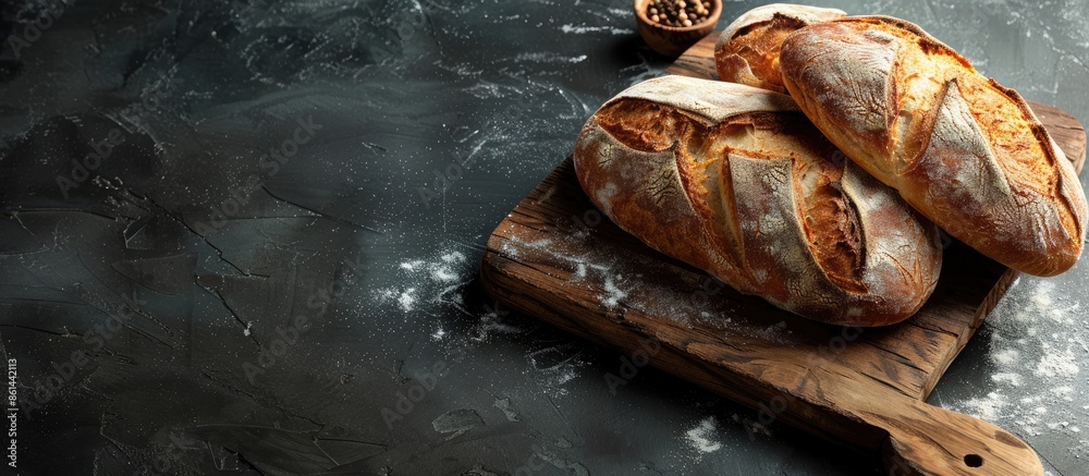 Poster Flat lay arrangement of rustic bread on a dark background with a handmade cutting board, featuring copy space image.