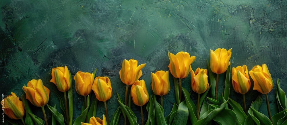 Poster aerial view of vibrant yellow tulips arranged on a green surface creating a captivating copy space i